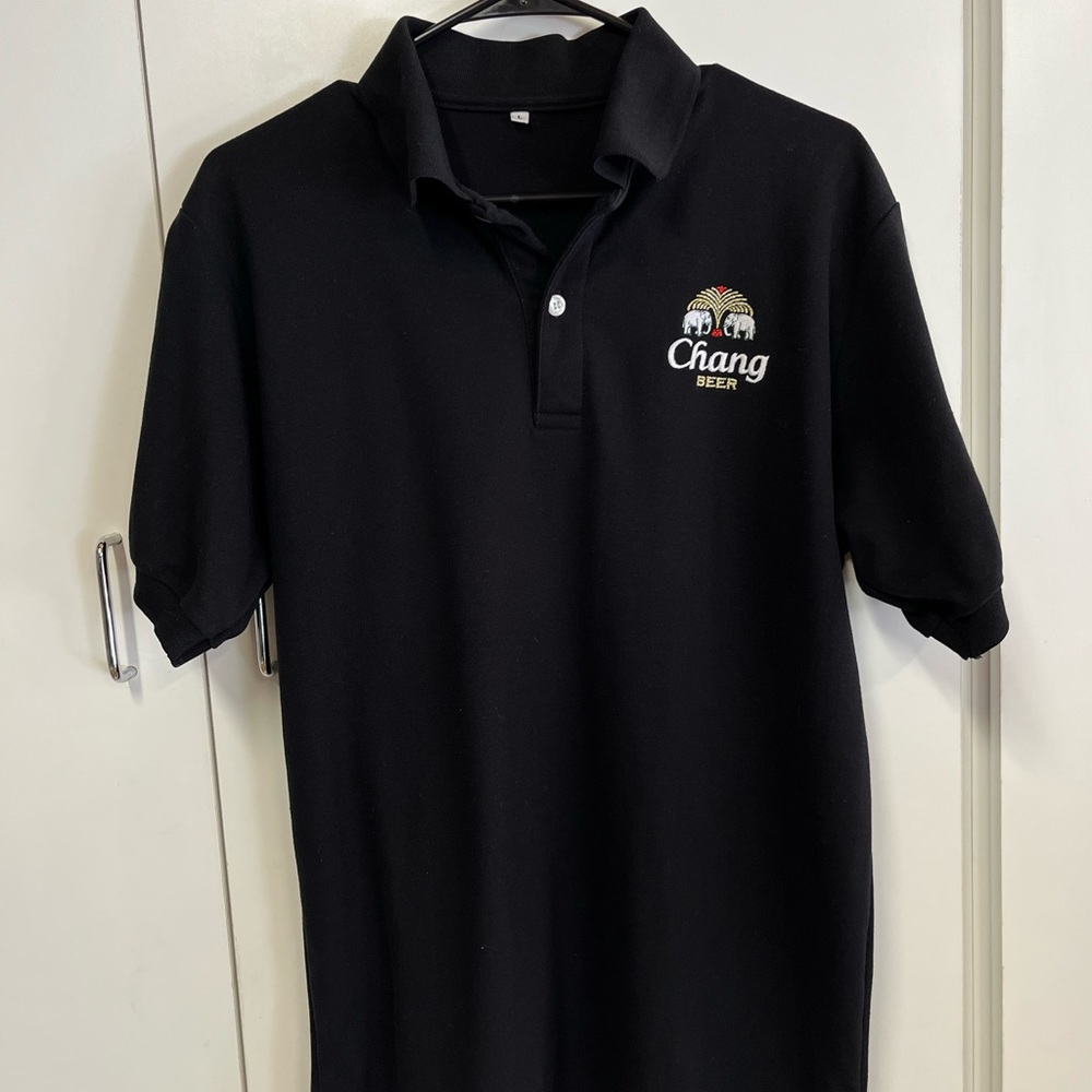 Chang Beer large polo style black shirt.